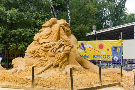 Sokolniki, MOSCOW, RUSSIA - August 2, 2015: "From time immemorial". Russian exhibition of sand sculptures. The composition of "China". Author Vadim Bandarets.のeditorial素材