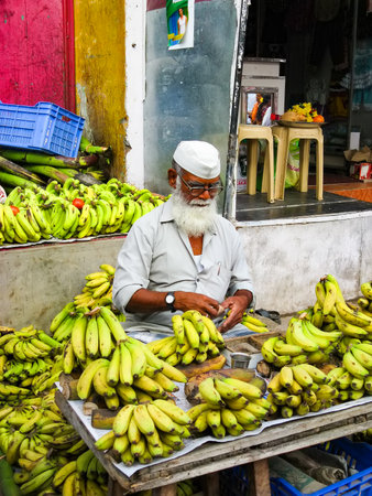 TIRUVANAMALLAI, TAMIL NADU, INDIA- JANUARY 15, 2015: Street fruit merchant. Street near the central temple of the city of Tiruvannamallai - Arunachaleshwar.のeditorial素材