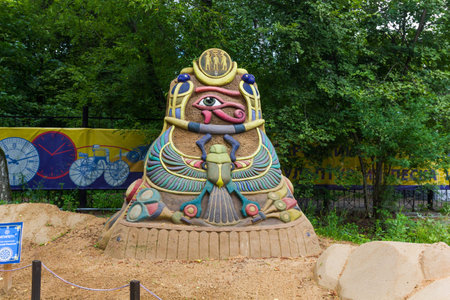 SOKOLNIKI, MOSCOW, RUSSIA - August 2, 2015: âFrom time immemorialâ. Russian exhibition of sand sculptures. The composition of âEgyptâ. Author Eugene Gomanom.のeditorial素材