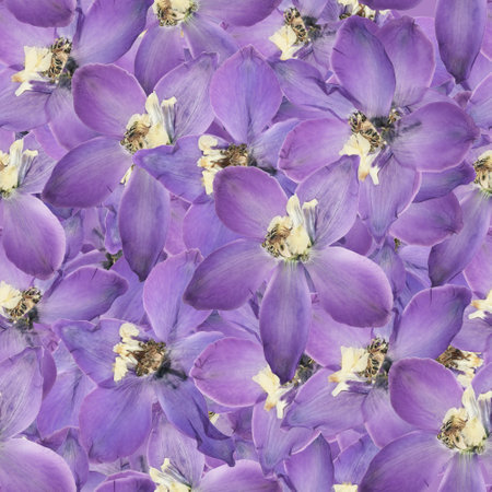 Delphinium, larkspur. Illustration, texture of flowers. Seamless pattern for continuous replication. Floral background, photo collage for textile, cotton fabric. For wallpaper, covers, print.の写真素材