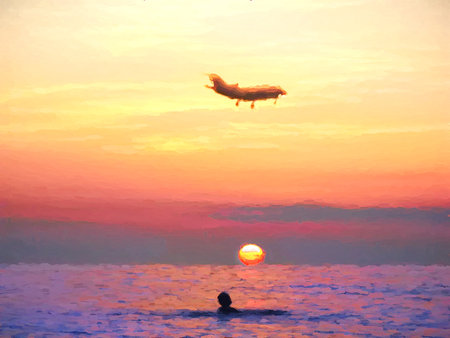 Watercolor. Sea. Evening dark sky, sunset, colorful path in the waves of the sunset. Silhouettes of an airplane in the evening sky and a swimmer in sea. Travel, tourism and vacation.の写真素材