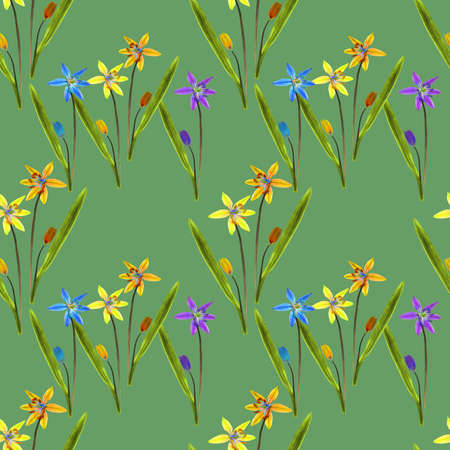 Scilla, bluebell, primroses, Illustration, texture of flowers. Seamless pattern for continuous...