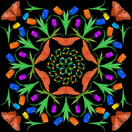 Mandala from dried pressed flowers, petals. Tulip, butterfly. Mandala is symbol of buddhism, hinduism, yoga. Ornament mandala with pattern floral elements in oriental style for relax and meditation.の写真素材