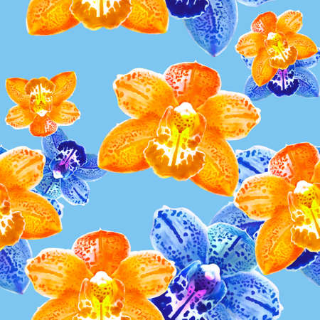 Orchid, Phalaenopsis. Illustration, texture of flowers. Seamless pattern for continuous replication. Floral background, photo collage for textile, cotton fabric. For wallpaper, covers, print.の写真素材