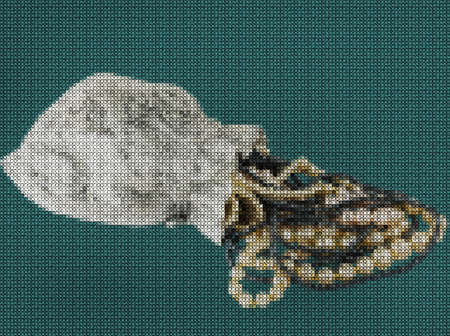Illustration. Cross-stitch. Silvery white bag with the hanging by threads of white and black pearls.の写真素材