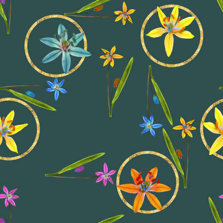 Scilla, bluebell. Illustration, texture of flowers. Seamless pattern for continuous replication. Floral background, photo collage for textile, cotton fabric. For wallpaper, covers, print.の写真素材