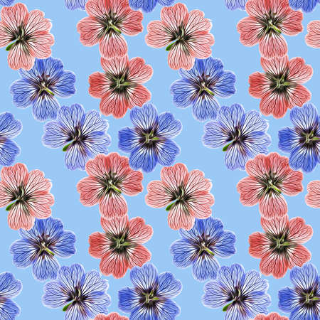 Geranium, pelargonium. Illustration, texture of flowers. Seamless pattern for continuous replication. Floral background, photo collage for textile, cotton fabric. For wallpaper, covers, print.の写真素材