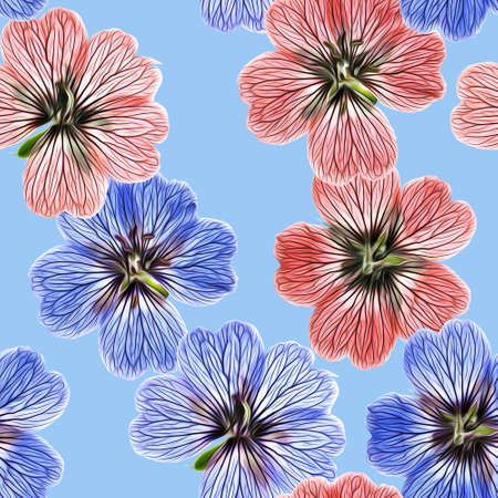 Geranium, pelargonium. Illustration, texture of flowers. Seamless pattern for continuous...