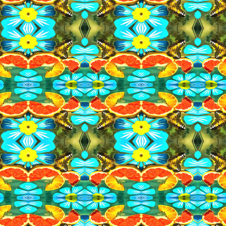 Seamless pattern. Illustration, digital painting. Butterflies sit on fruits that lie on the glass...