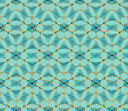 Seamless pattern with color geometric rhombus. Mosaic. 3D seamless pattern in green, gold, black...