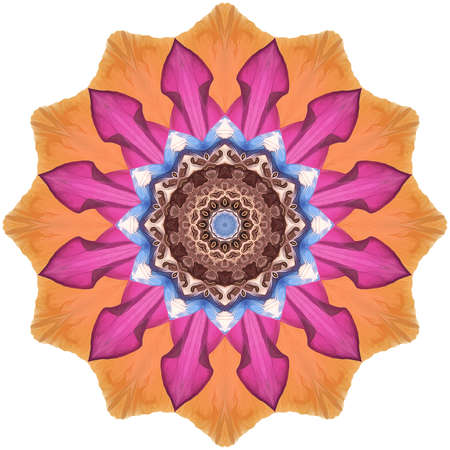 Flower mandala in violet tones. Element for web design, print and templates. East, ethnic design, oriental pattern, round ornament. Kaleidoscope effect. Mandala for relax and meditation.の写真素材