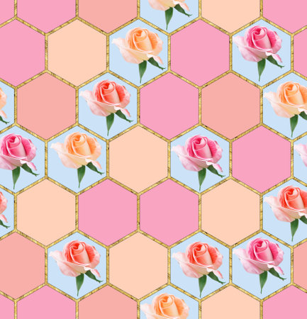 Hexagon seamless texture. Grid. Mosaic, inlay. For wallpaper, wrapping, covers. Seamless rhombuses for fabric, shirts, linens. Rose. Seamless floral background for textile print, cotton fabric.の写真素材