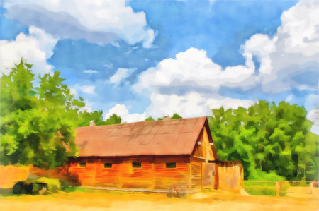 watercolor rural landscape. Barn, stable in the village. Cart with hay, hedge on the background of the forest. digital painting. drawing watercolor. Travel and vacation concept.の写真素材