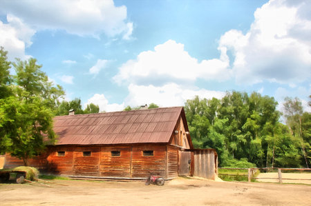 watercolor rural landscape. Barn, stable in the village. Cart with hay, hedge on the background of the forest. digital painting. drawing watercolor. Travel and vacation concept.の写真素材