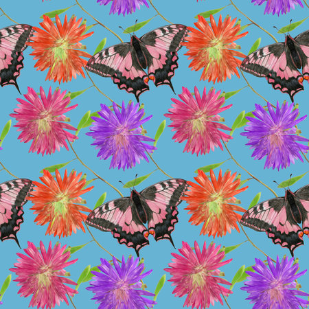 Butterfly, aster. Seamless pattern. floral background. Decorative prints for covers, wrappings. Illustration. Collage for textile, cotton fabric, wallpaper, T-shirts, linens.の写真素材