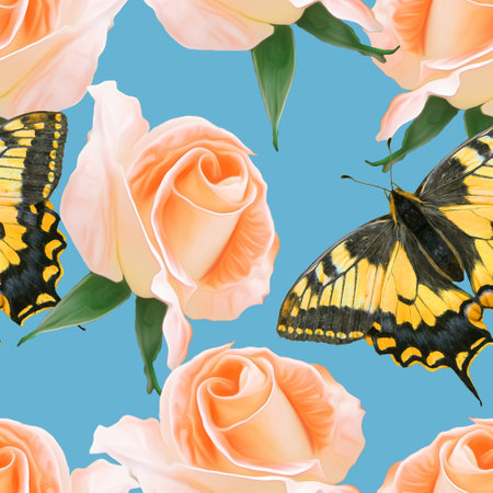 Butterfly, rose flower. Seamless pattern. floral background. Decorative prints for covers, wrappings. Illustration. Collage for textile, cotton fabric, wallpaper, T-shirts, linens.の写真素材