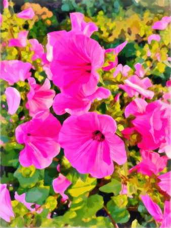 Lavater flower bush in evening light. Bright flowers on green leaves background. watercolor painting. Digital painting - illustration. natural landscape.の写真素材