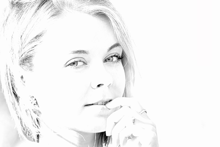 High key. Black and white portrait young woman. Fashion beauty concept. Expressive eyes and face.  Copy spaceの写真素材