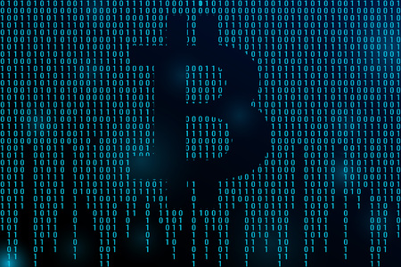 Horizontal banner with bitcoin and dark blue background with binary code and place for your text. Stock vector illustration.のイラスト素材