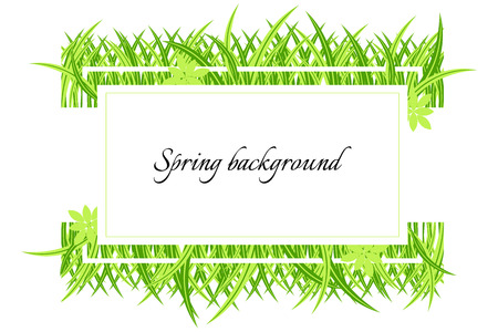 Spring banner with grass. Green spring background with place for text. Card for spring season with white frame.のイラスト素材