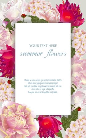 Vector vintage floral frame with summer flowers. Template for greeting cards, wedding decorations, sales.のイラスト素材