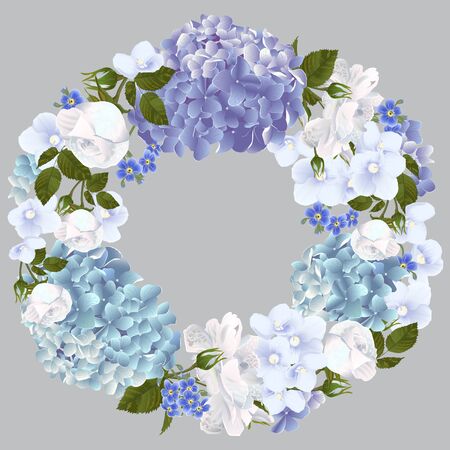 Vector vintage floral wreath with white roses,violets, forget-me-nots, hydrangea flowers. Template for greeting cards, wedding decorations, invitation, sales.のイラスト素材