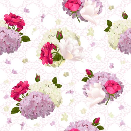 Vector botanical seamless pattern with roses, tulips and hydrangea flowers. Modern floral pattern for textile, wallpaper, print, gift wrap, greeting or wedding background. Spring or summer design.のイラスト素材