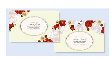 Vector banners set with summer flowers.Template for greeting cards, wedding decorations, invitation ,sales. Spring or summer design.のイラスト素材