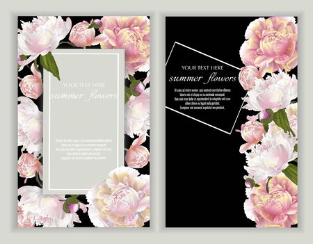 Vector banners set with peonies on black.Template for greeting cards, wedding decorations, invitation ,sales. Spring or summer design. Place for text.のイラスト素材