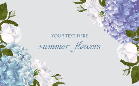 Template for greeting cards, wedding decorations, invitation,sales. Vector banner with Luxurious hydrangea and roses flowers. Spring or summer design.のイラスト素材