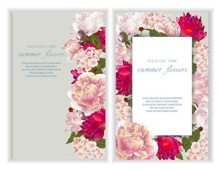 Vector banners set with summer flowers.Template for greeting cards, wedding decorations, invitation ,sales. Spring or summer design. Place for text.のイラスト素材