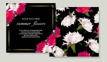 Vector banners set with peonies on black.Template for greeting cards, wedding decorations, invitation ,sales. Spring or summer design. Place for text.のイラスト素材