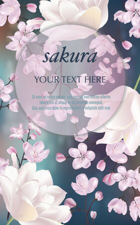 Vector banner with Cherry Blossom and tulips for invitation, sales, packaging, cosmetics, perfume. Space for text.のイラスト素材