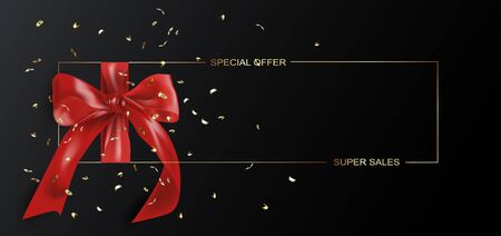 Black friday sale. Template with realistic red bow and gold frame. Dark backgroundのイラスト素材