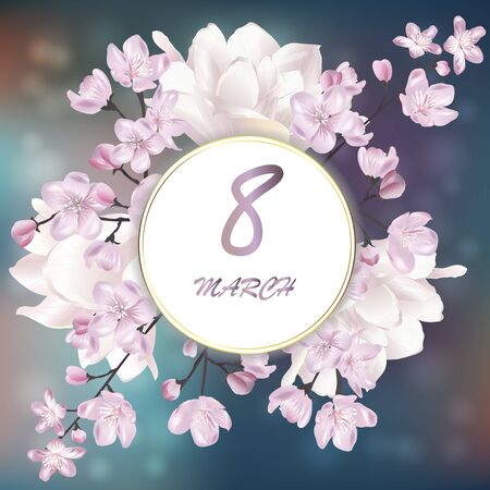 Vector round banner with Cherry Blossom and tulips for 8 March. Blossoming sakura branch. Template for invitation, sales, packaging, cosmetics, perfume. Space for text.のイラスト素材