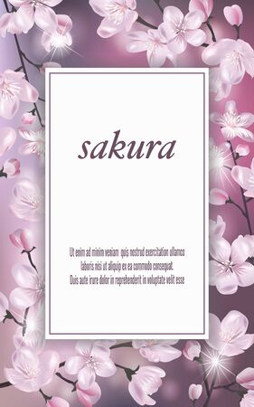 Vector banner with Cherry Blossom. Blossoming sakura branch. Template for invitation, sales, packaging, cosmetics, perfume. Space for text.のイラスト素材