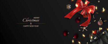 Dark Merry Christmas and Happy New Year Background. Gift boxes with realistic red bow and Luminous garlands, Red Christmas balls, glitter gold confetti. Holiday Poster, greeting cards, banner.のイラスト素材