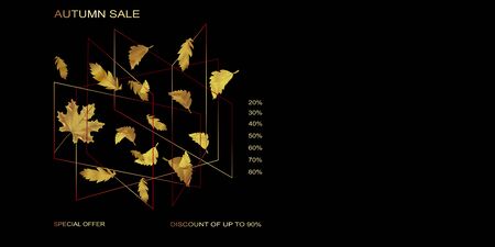 Vector advertising horizontal banner with gold and black falling leaves in golden polygon geometric cube shape on black background. Can be used for flyers, banners or posters.のイラスト素材