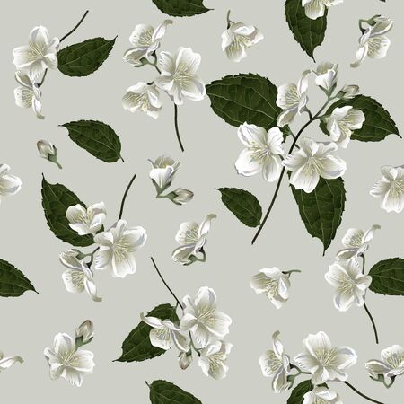 Seamless pattern with jasmine flowers. Modern floral pattern for textile, wallpaper, print, gift wrap, greeting or wedding background.のイラスト素材
