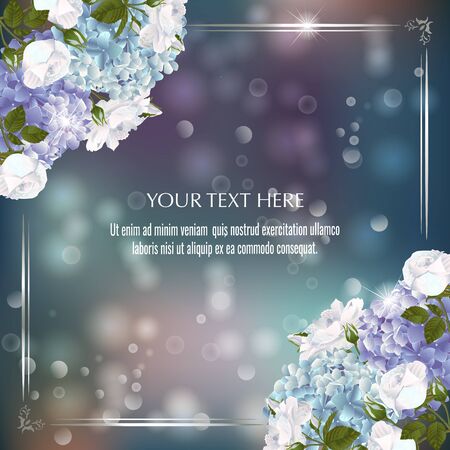 Vector banner with Luxurious hydrangea and roses flowers for invitation, sales, packaging, natural cosmetics, perfume. Space for text.のイラスト素材