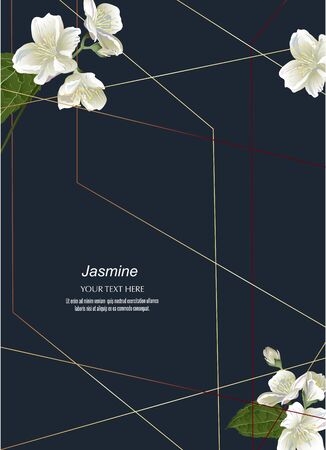 Jasmine flowers in golden polygon geometric cube shape on dark background. Floral poster, invite. Vector decorative greeting cardのイラスト素材