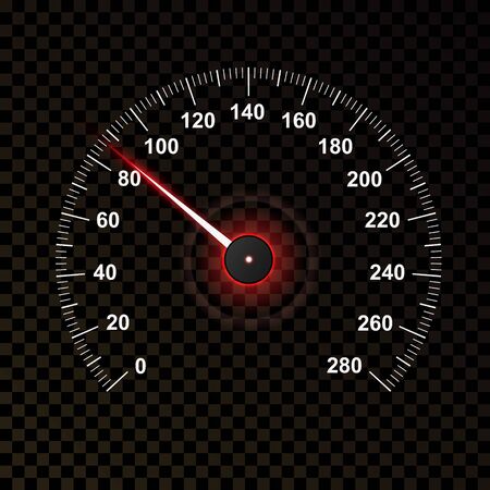 Car speedometer isolated on transparent dark background. Car odometer or tachometer with speed level scale. Vector illustrationのイラスト素材