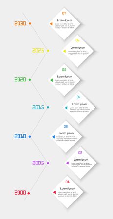 Modern business vertical timeline process chart infographics template. Flat infographic design template. Vertical timeline with 8 rectangular elements and year indication.のイラスト素材