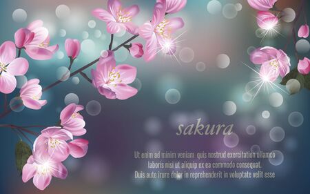 Template for invitation, sales, packaging, cosmetics, perfume. Vector banner with Cherry Blossom. Blossoming sakura branch. Space for text.のイラスト素材