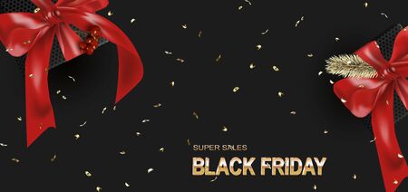 Black friday template. Gift boxes with realistic red bow and Holly Berries. Dark backgroundのイラスト素材