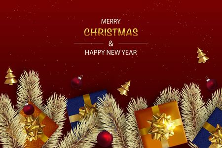 Christmas background with realistic Red Christmas balls and Abstract Gold Christmas Trees.  Red Holiday's Background. Flat lay, top view.のイラスト素材
