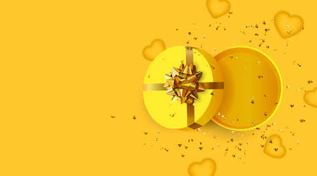 Happy Valentine's Day or Mother's day card. Yellow Greeting card. Festive gifts box. Romantic banner.のイラスト素材