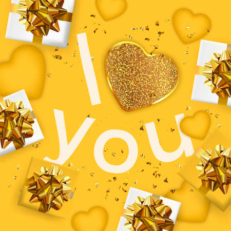 Happy Valentine's Day or Mother's day card. Yellow Greeting card. Festive gifts box. Romantic banner.の写真素材