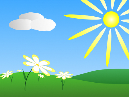 Spring meadow with white daisies and bright sunのイラスト素材