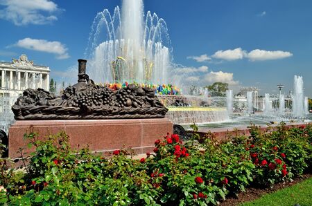 MOSCOW, RUSSIA - AUGUST 12, 2019: Fountain Stone Flower at VDNKh in Moscow. VDNKh, All Russian Exhibition Center, Exhibition of Achievements of National Economy, is a permanent general purpose trade show in Moscow, Russiaのeditorial素材